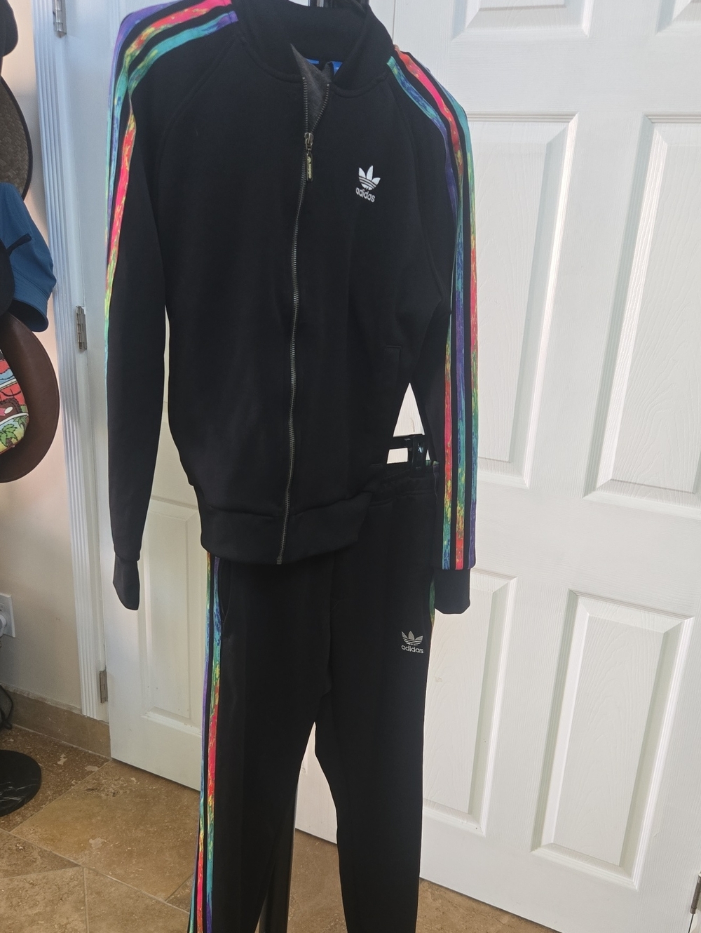 Adidas Black Unisex Sweatpants & Jacket Set with Rainbow Side Stripes